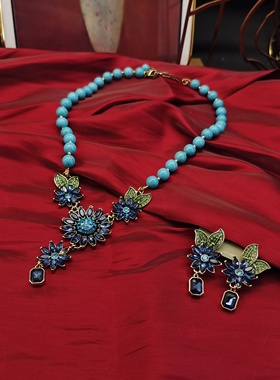 民族风蓝色鸢尾花水钻项链ST408