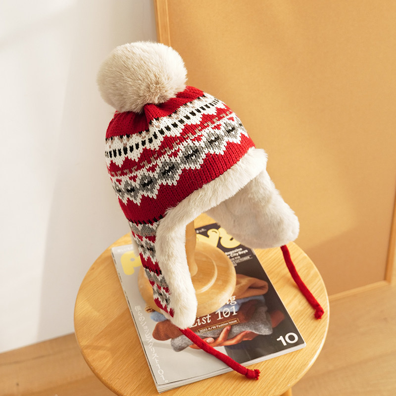 Himade韩版加绒加厚雷锋帽女甜美可爱显脸小毛线帽子冬季保暖护耳