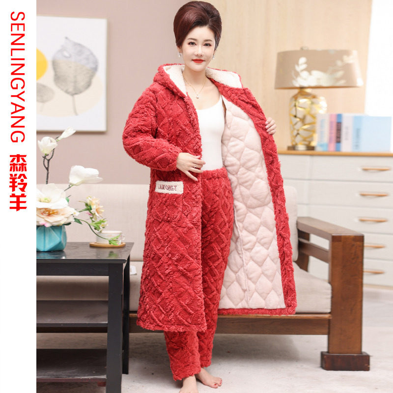 睡衣女冬加厚加绒保暖珊瑚绒三层夹棉棉袄睡袍睡裤妈妈套装家居服,淘宝优惠券,粉丝福利购,淘宝优惠卷