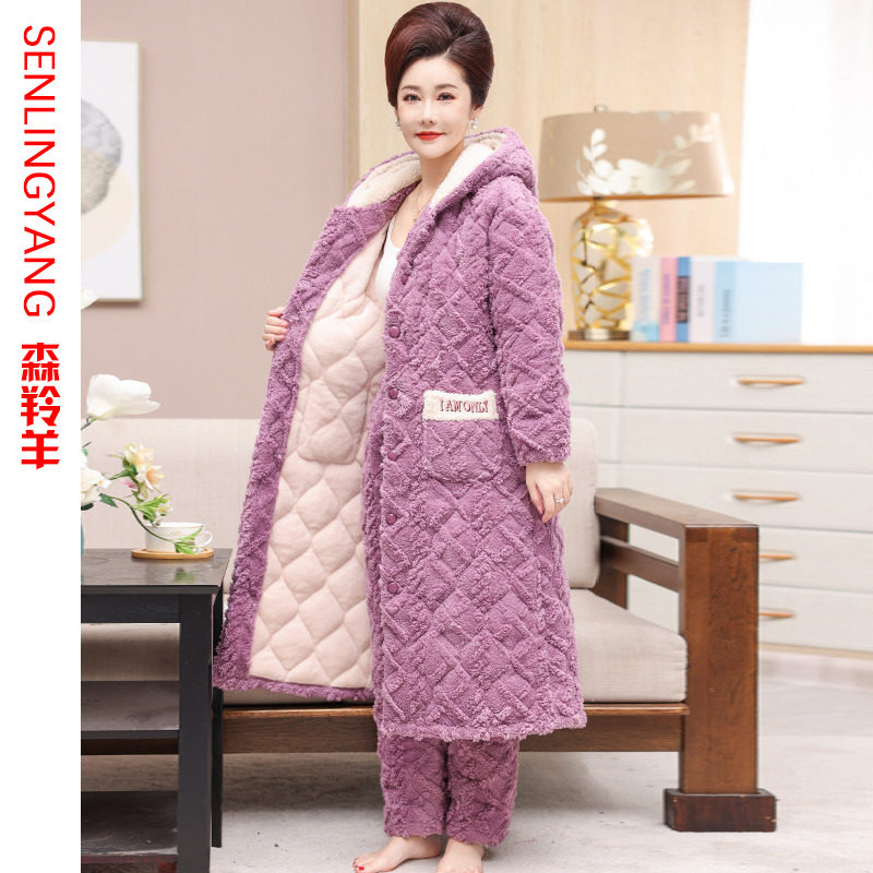 睡衣女冬加厚加绒保暖珊瑚绒三层夹棉棉袄睡袍睡裤妈妈套装家居服,淘宝优惠券,粉丝福利购,淘宝优惠卷