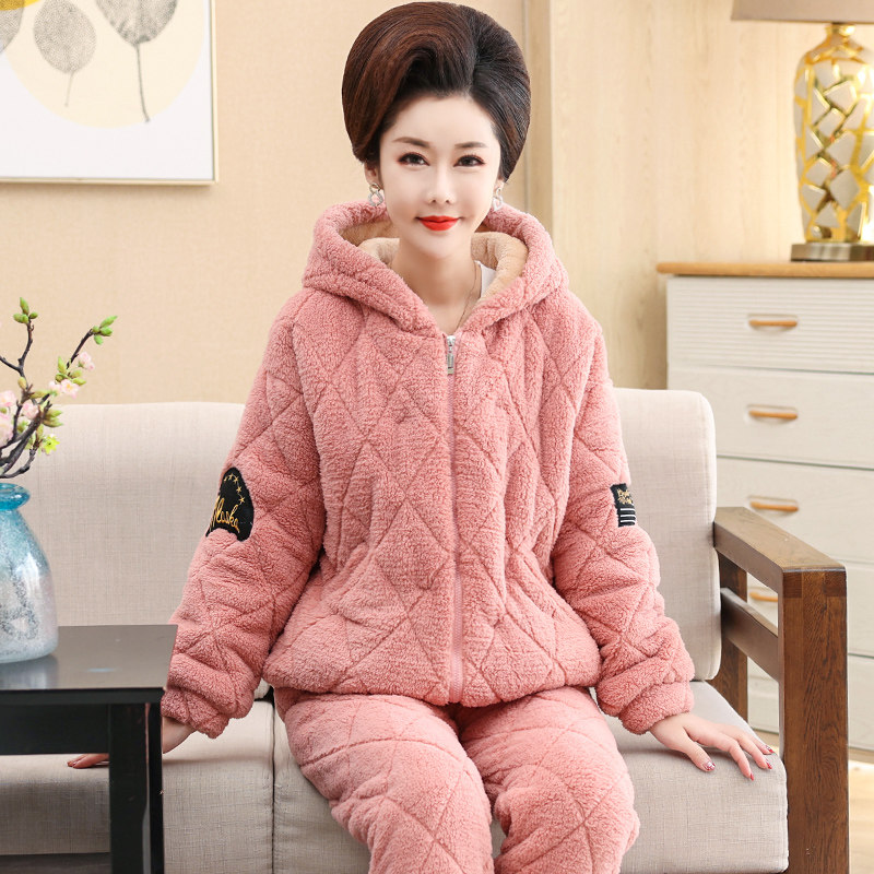 冬季睡衣女士三层加厚珊瑚绒连帽拉链款保暖妈妈家居服套装可外穿,淘宝优惠券,粉丝福利购,淘宝优惠卷