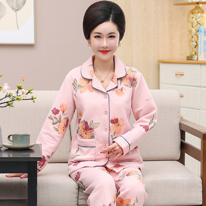 中老年女士薄夹棉睡衣冬季夹层中年女纯棉开衫甜美长袖家居服套装,淘宝优惠券,粉丝福利购,淘宝优惠卷