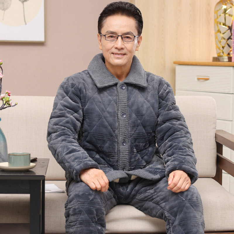 冬款男士加绒加厚夹棉睡衣中老年人爸爸三层保暖珊瑚绒家居服套装,淘宝优惠券,粉丝福利购,淘宝优惠卷