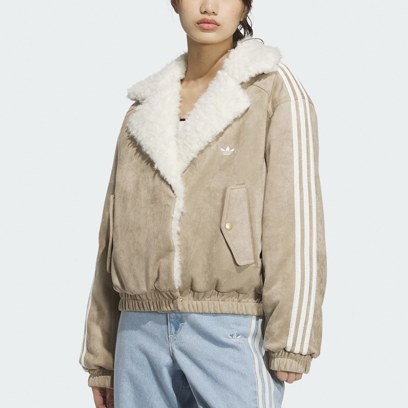 阿迪达斯棉服女三叶草条纹羊羔绒保暖翻领棉服外套 JL8438 JL8439,淘宝优惠券,粉丝福利购,淘宝优惠卷