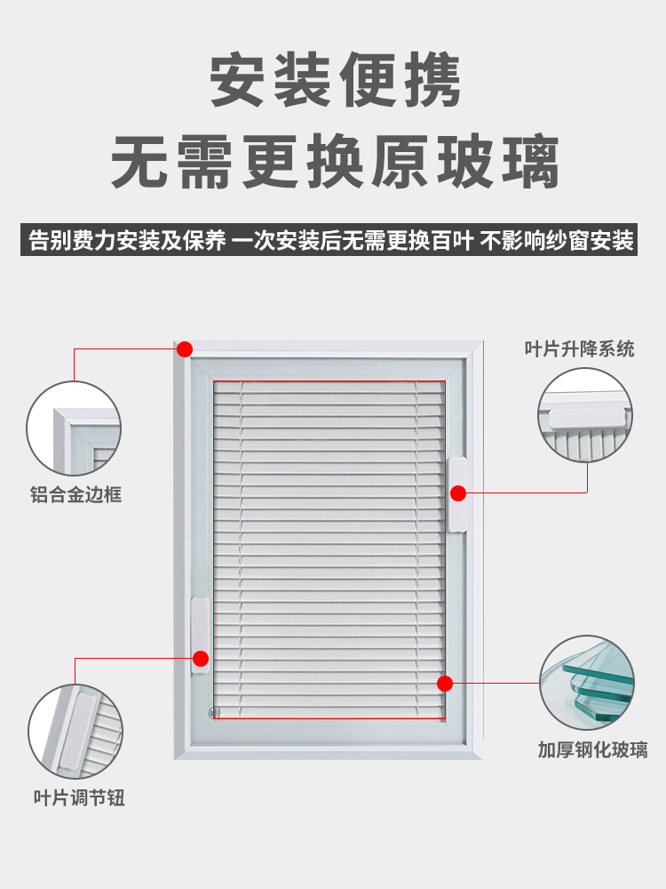 单玻磁控内置百叶窗卫生间单波免打孔磁吸内嵌式中空百叶帘窗帘-图2