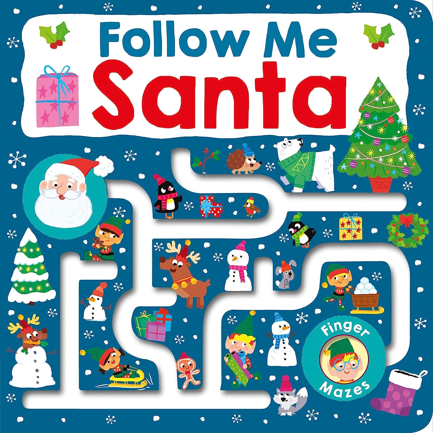 英文原版 Maze Book Follow Me Santa圣诞老人纸板手指洞洞迷宫书儿场景认知亲子互动趣味游戏书 Roger Priddy-图0