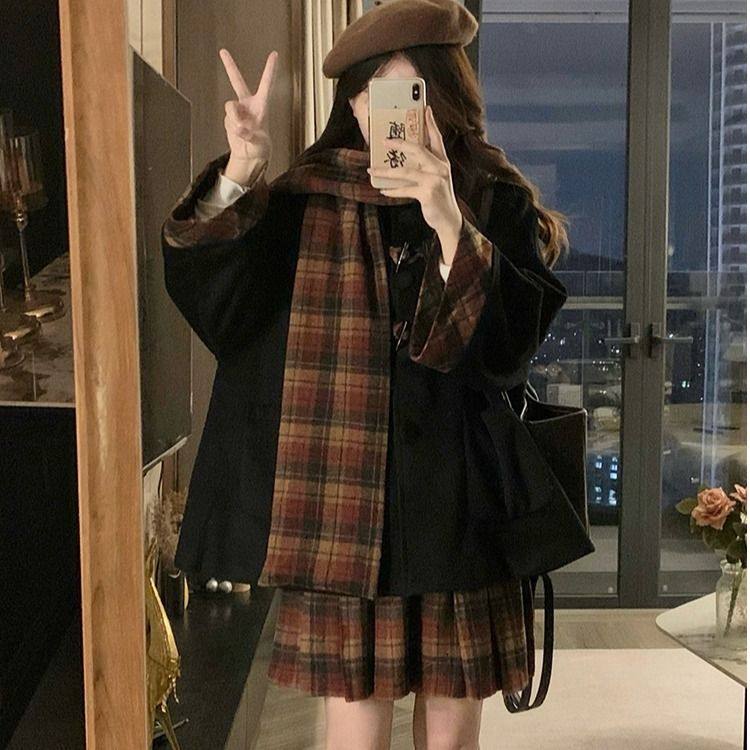 学院风JK制服套装女秋冬小个子牛角扣毛呢外套+格子百褶裙两件套,淘宝优惠券,粉丝福利购,淘宝优惠卷