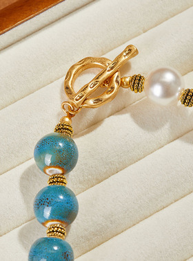 新中式墨蓝色陶瓷珍珠撞色脖颈链短款锁骨链气质简约OT圈项链礼物