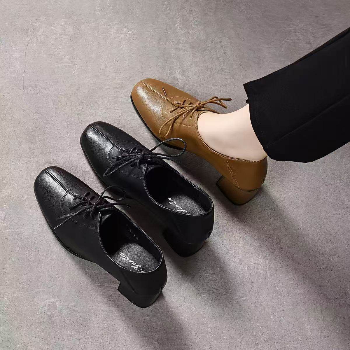 2025新款春秋季系带小皮鞋粗跟软皮中跟深口方头单鞋高跟真皮女鞋,淘宝优惠券,粉丝福利购,淘宝优惠卷