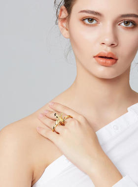 黄铜镀14K金自然花瓣双指戒