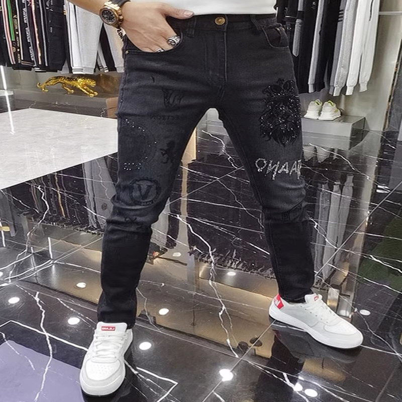 春秋季潮牌弹力牛仔裤男重工烫钻印花时尚修身百搭黑色小脚男裤子,淘宝优惠券,粉丝福利购,淘宝优惠卷