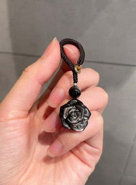 天然银曜石玫瑰花钥匙扣包包挂件手机挂潮玩有钱花