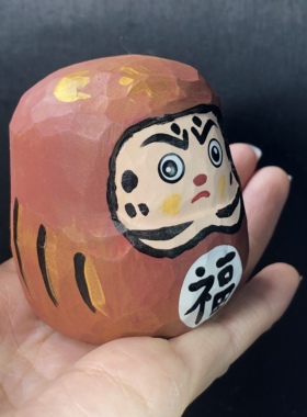 纯手工雕刻彩绘木雕不倒翁达摩摆件手把