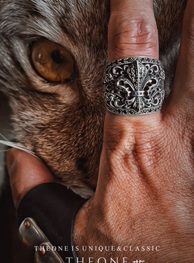 THEONE罕见古董孤品美国纯手工纯银黑骑士鸢尾花戒指暗黑绅士指环