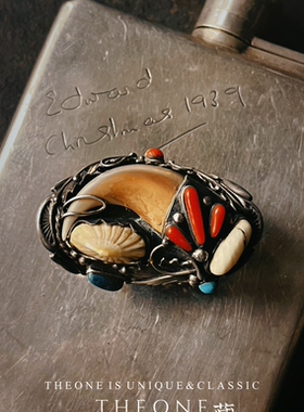 THEONE罕见孤品古董美国印第安匠人手工镶熊爪鲨鱼牙纯银戒指霸气