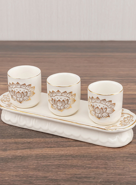 描金陶瓷莲花三联五联供佛杯供水杯家用佛前观音莲花圣水杯净水杯