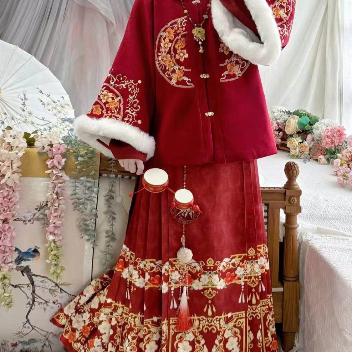 大码汉服女胖mm200斤明制红色刺绣加厚绒拜年服日常显瘦冬季袄裙,淘宝优惠券,粉丝福利购,淘宝优惠卷