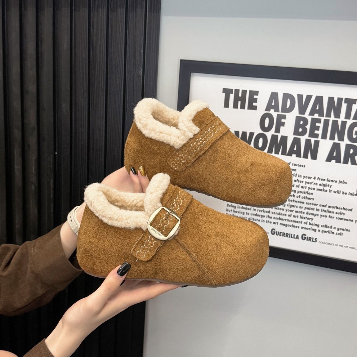 美拉德加绒保暖内增高厚底勃肯鞋女2025冬季新款面包鞋懒人棉鞋潮 - 图3