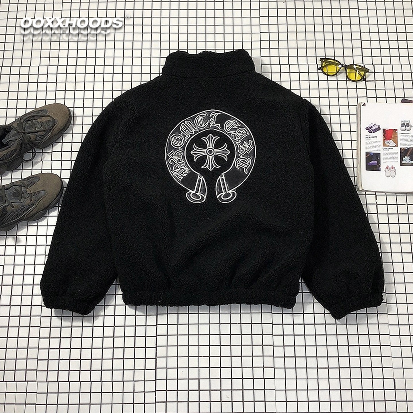 羊羔绒防寒保暖黑色贴皮刺绣立领拉链外套情侣十字架慵懒时尚休闲,淘宝优惠券,粉丝福利购,淘宝优惠卷