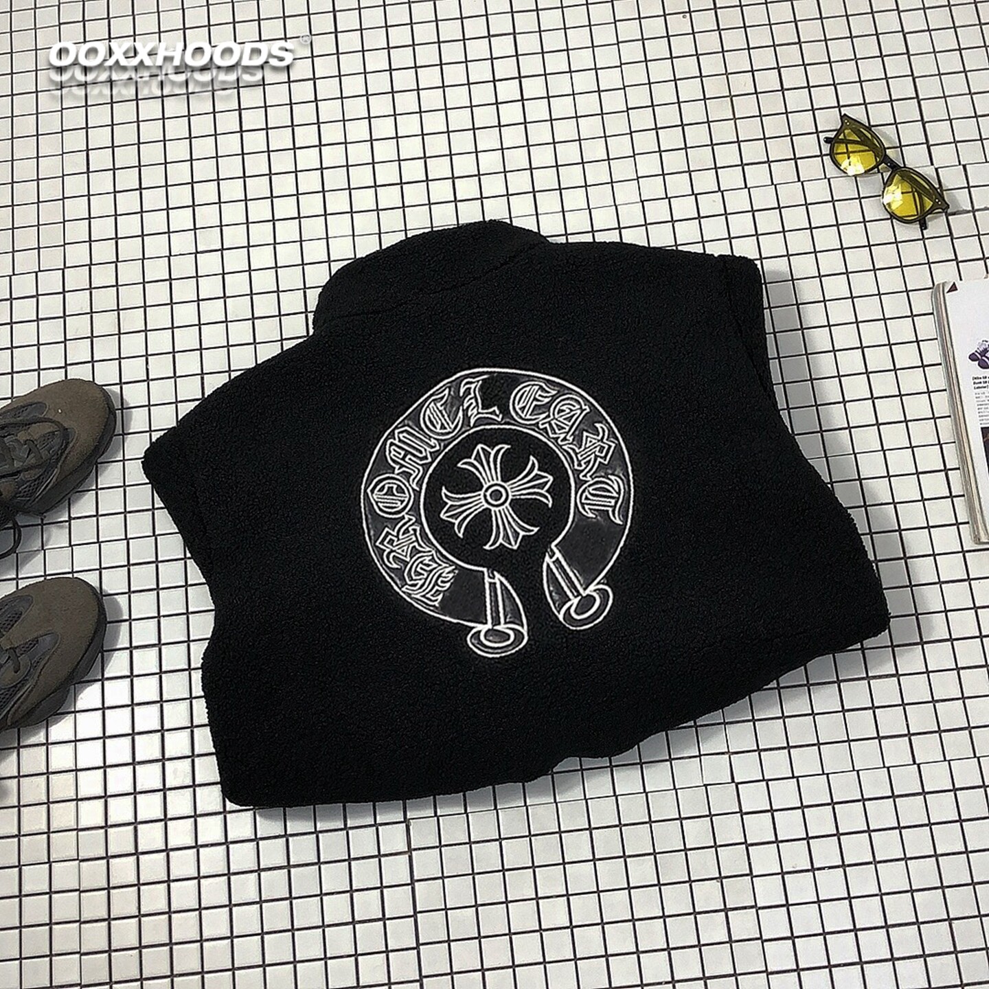 羊羔绒防寒保暖黑色贴皮刺绣立领拉链外套情侣十字架慵懒时尚休闲,淘宝优惠券,粉丝福利购,淘宝优惠卷