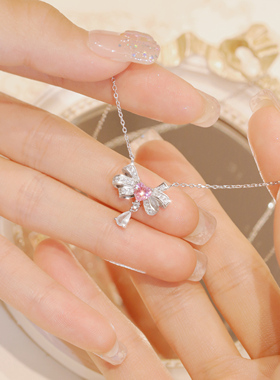 蝴蝶结粉钻纯银项链女生日礼物