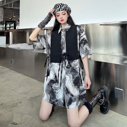 现货秒发~潮流ins复古泼墨晕染衬衫个性绑带马甲背心两件套衬衣夏 - 图2