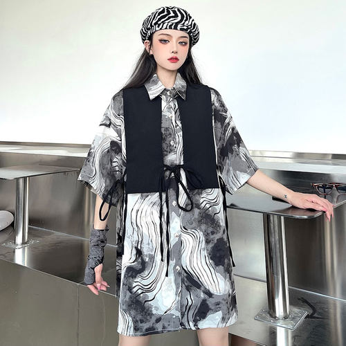 现货秒发~潮流ins复古泼墨晕染衬衫个性绑带马甲背心两件套衬衣夏 - 图0