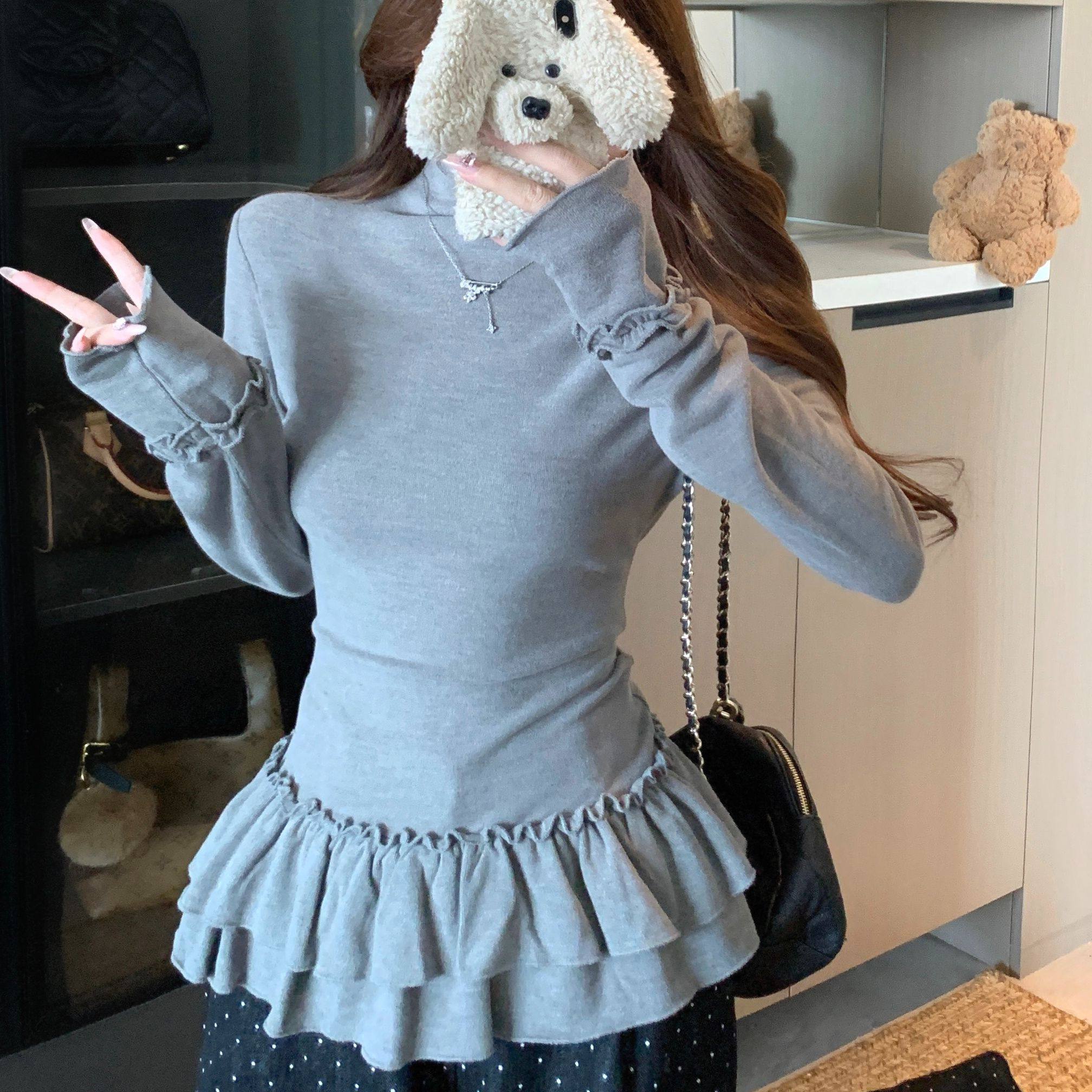 遮肚半高领长袖德绒磨毛花边T恤女百搭甜美风打底衫修身显瘦上衣,淘宝优惠券,粉丝福利购,淘宝优惠卷