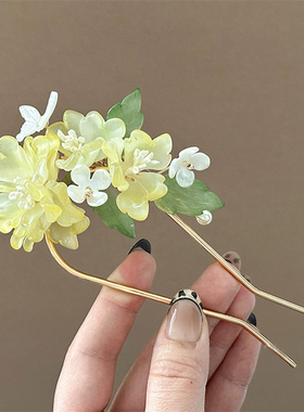 新中式蓝色琉璃花朵发梳配汉服