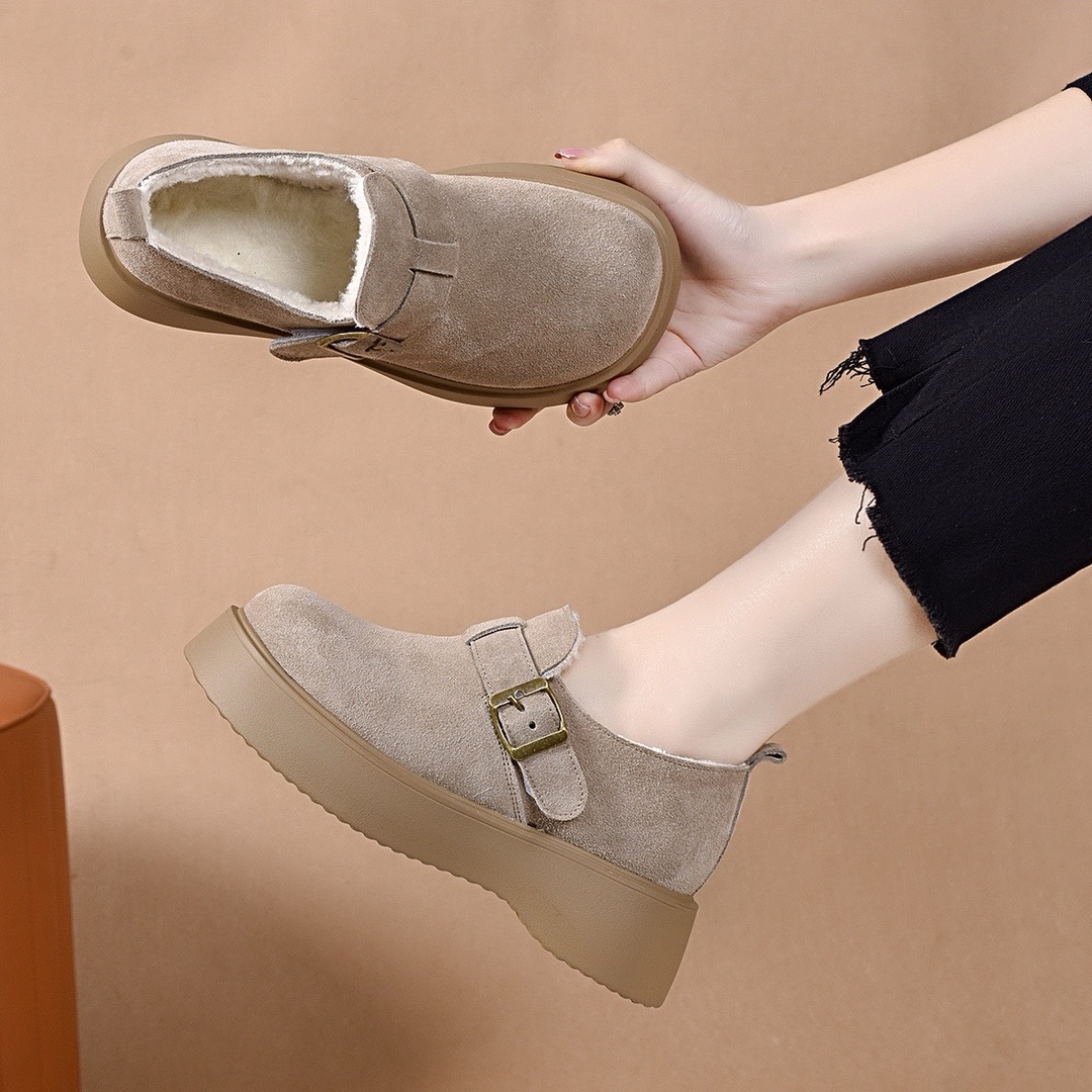 厚底勃肯鞋女魔术贴反绒皮休闲鞋百搭增高棉鞋35-40码 - 图0