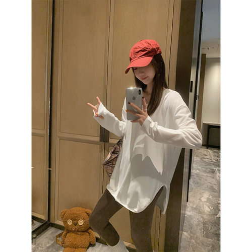 韩版大码宽松打底衫女开叉长袖T恤春秋冬设计感内搭德绒保暖上衣 - 图1