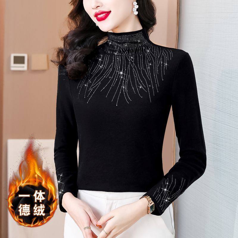 半高领烫钻打底衫女秋冬新款高端妈妈装长袖时尚显瘦保暖德绒上衣,淘宝优惠券,粉丝福利购,淘宝优惠卷