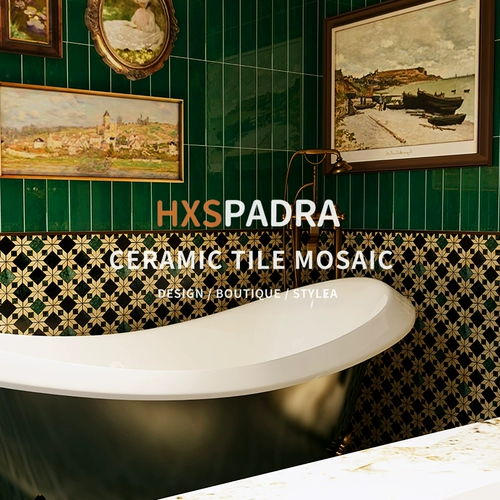 HXSPADRA RETRO Гонконг -стиль камень Большой цветок зеленый мозаичный фона стена темно -зеленый мраморный балкон балкон кирпич