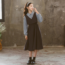 Fall Girl dress with dress Long sleeves College Wind & parentage Neckline Fake two splicing Girl Girl Long Dress