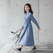 Fall Skirt Girl Long Sleeve Pure Color Art Style Boy Dress Parent-child Long Dress Pure Color Flip Collar Great Boy Girl Shirt Dress