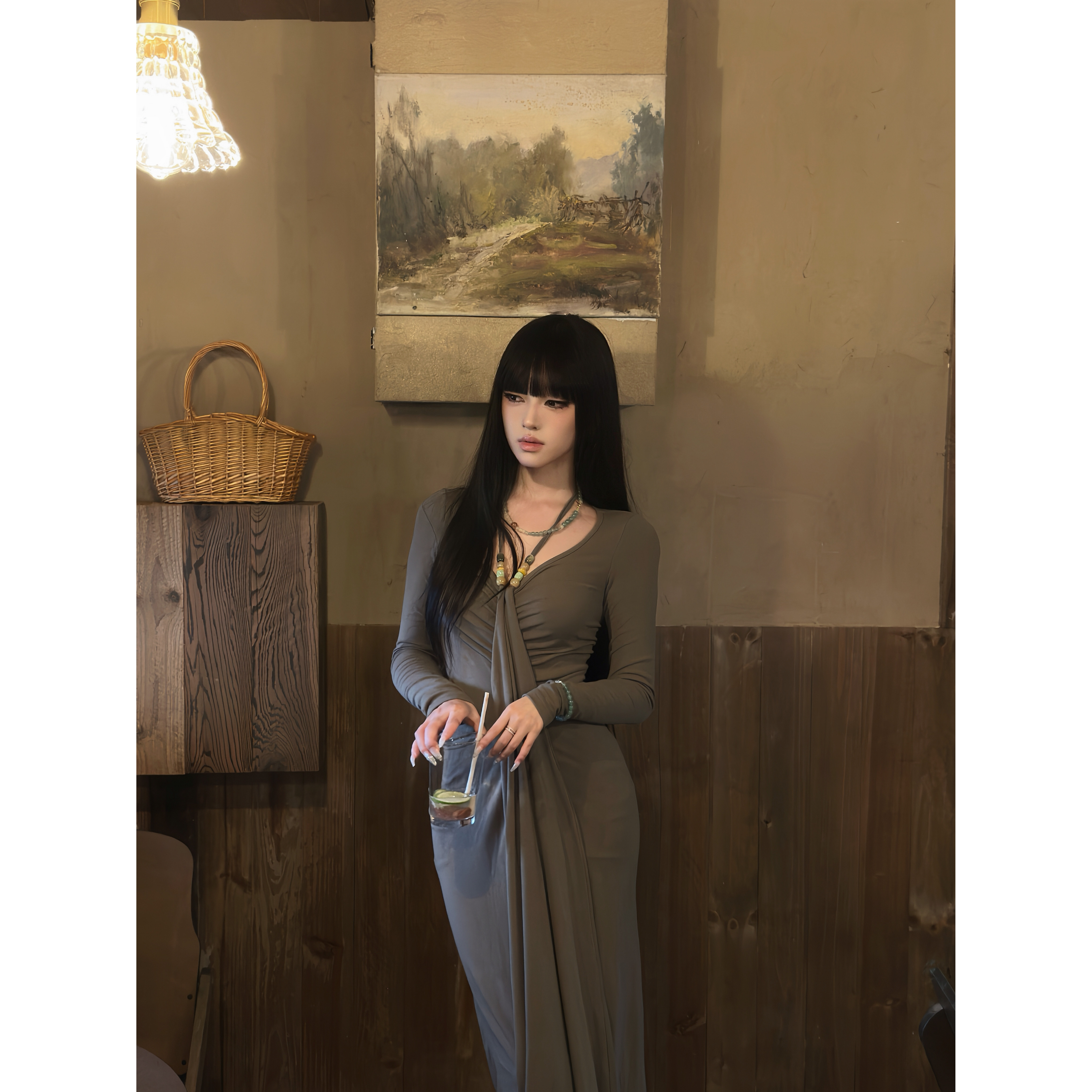 法式方领高级感褶皱秋冬长袖连衣裙复古优雅显瘦气质A字长裙,淘宝优惠券,粉丝福利购,淘宝优惠卷