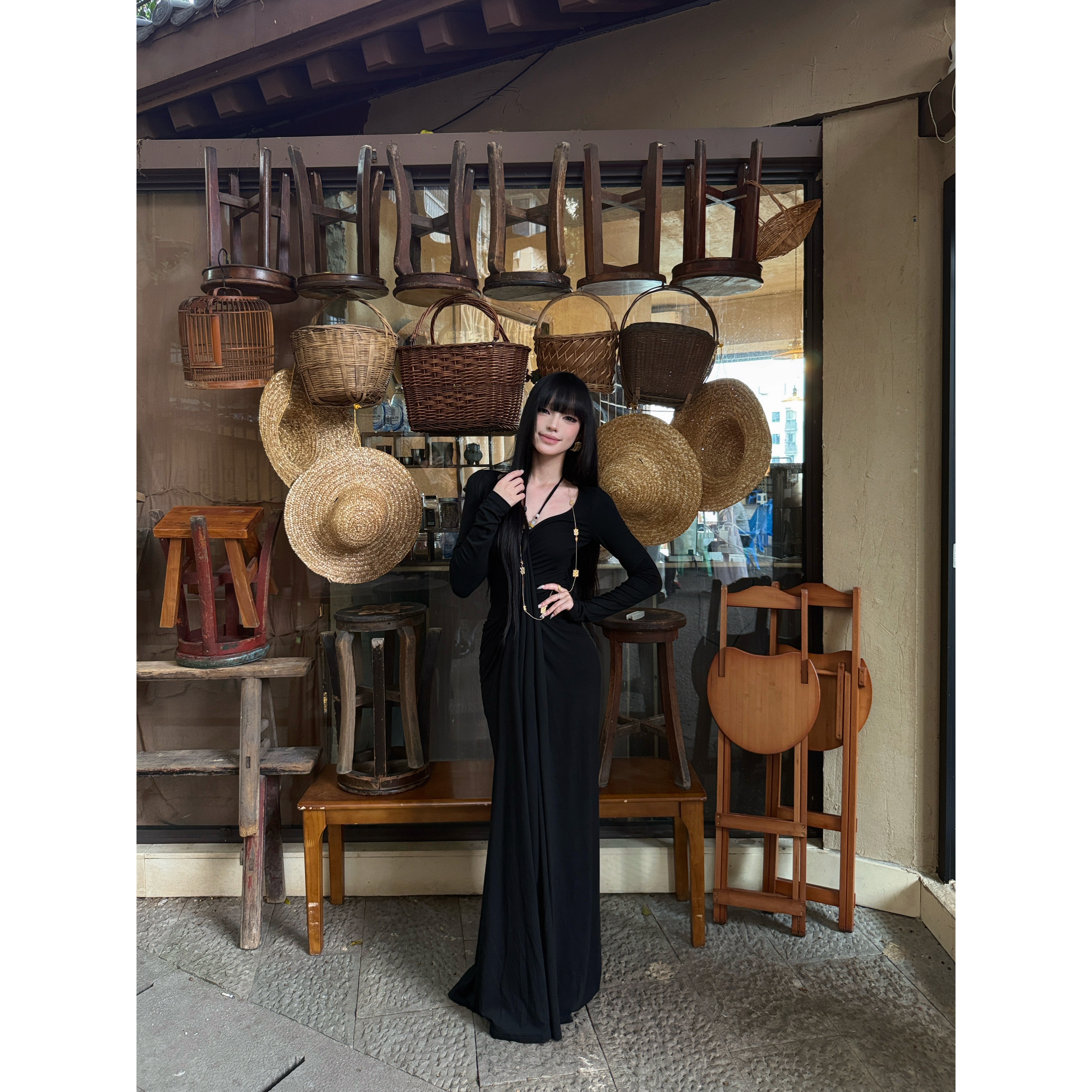 法式方领高级感褶皱秋冬长袖连衣裙复古优雅显瘦气质A字长裙,淘宝优惠券,粉丝福利购,淘宝优惠卷