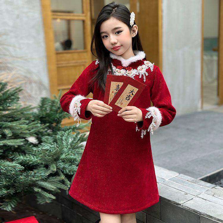女童旗袍裙新年连衣裙新中式礼服裙红色过年女大童冬季儿童拜年服,淘宝优惠券,粉丝福利购,淘宝优惠卷