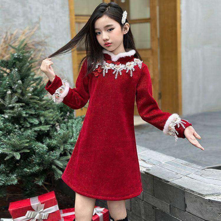女童旗袍裙新年连衣裙新中式礼服裙红色过年女大童冬季儿童拜年服,淘宝优惠券,粉丝福利购,淘宝优惠卷