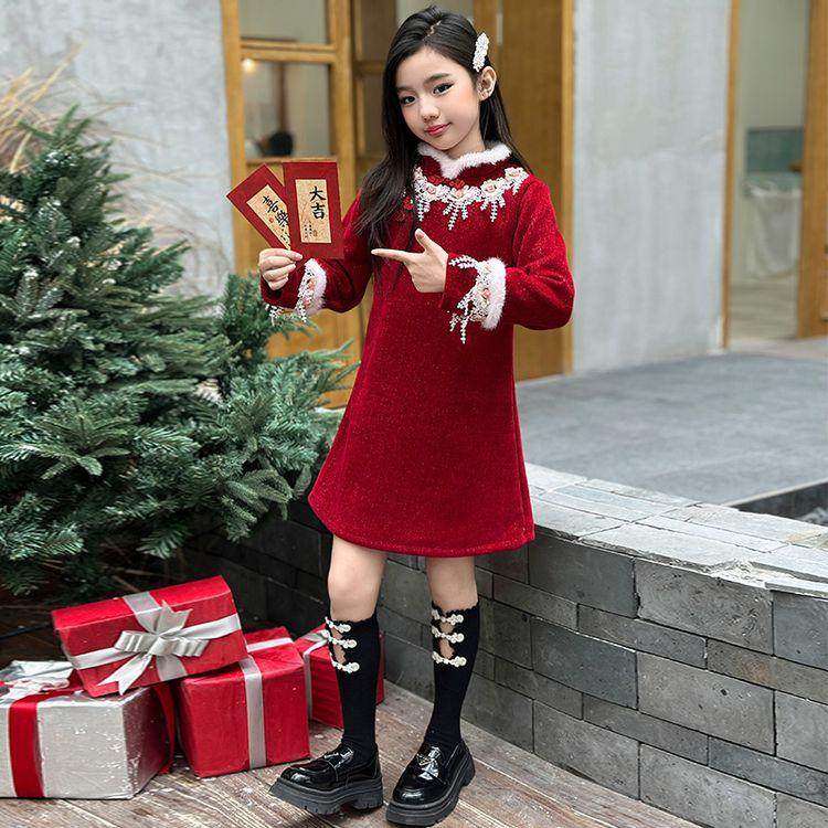 女童旗袍裙新年连衣裙新中式礼服裙红色过年女大童冬季儿童拜年服,淘宝优惠券,粉丝福利购,淘宝优惠卷