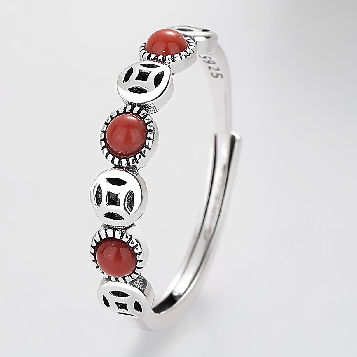 S925 sterling silver southern red agate coin-shaped ring for girls with retro geometric wealth and cool design ring