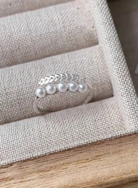 s925纯银麦穗仿珍珠戒指女生精致通勤简约叶子拼接开口食指环尾戒