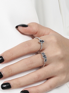 925纯银不规则肌理感蓝宝石戒指女生小众设计轻奢锆石叠戴食指环