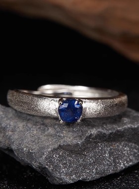 S925纯银拉丝彩宝圆形水晶钻戒指女生个性高级设计冷淡小众食指环