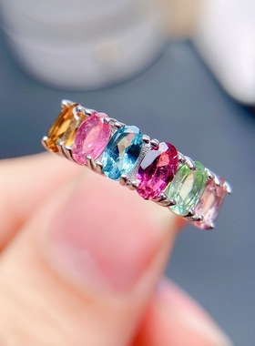 925银镶嵌天然碧玺戒指女士活口晶体干净糖果色