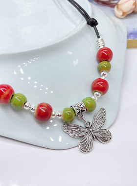 新中式民族风~陶瓷蝴蝶款项链2023年新款复古锁骨链配饰