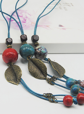 以原创手工陶瓷饰品长款毛衣链民族风换带配饰夏挂饰约一缕项链