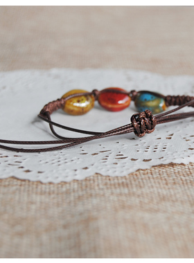 火山石陶瓷桃心花釉瓷珠饰品波西米亚复古民族风手编手链地摊