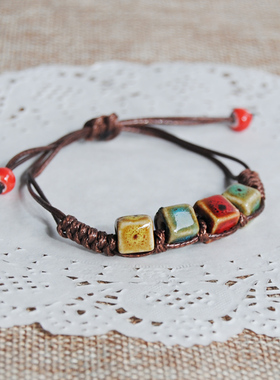 景德镇陶瓷彩色圆花釉瓷珠饰品波西米亚复古民族风手编手链地摊