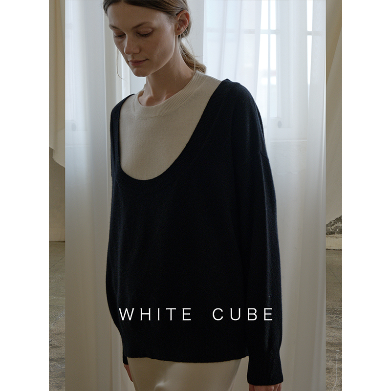 whitecube春秋新款大U领极简纯羊毛两件套针织衫宽松套头毛衣女装-图0